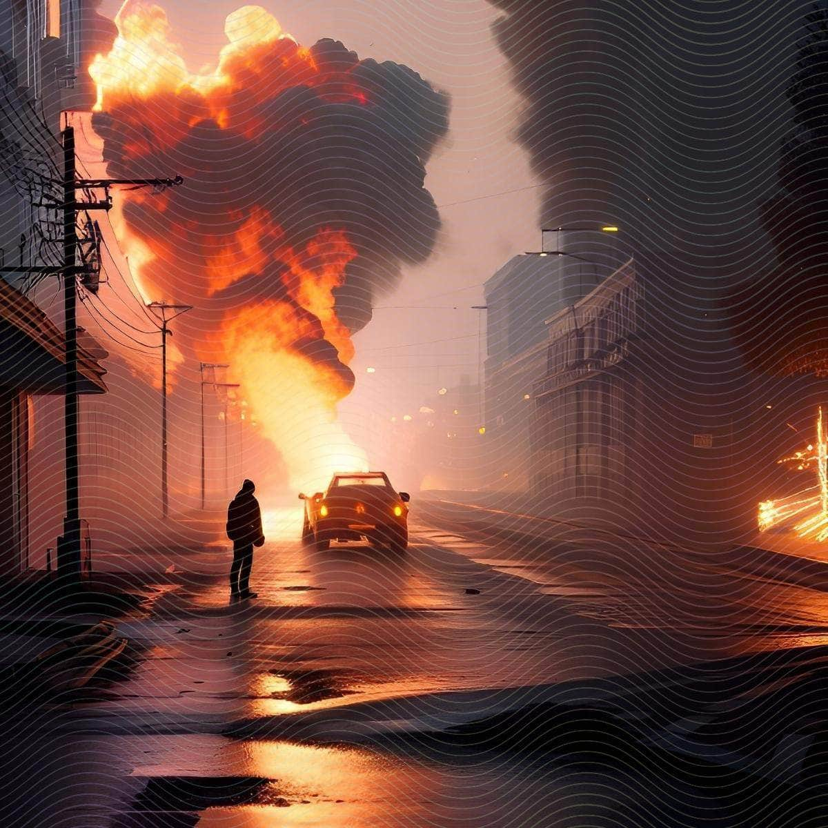 A Man on a Street and a Burning Car