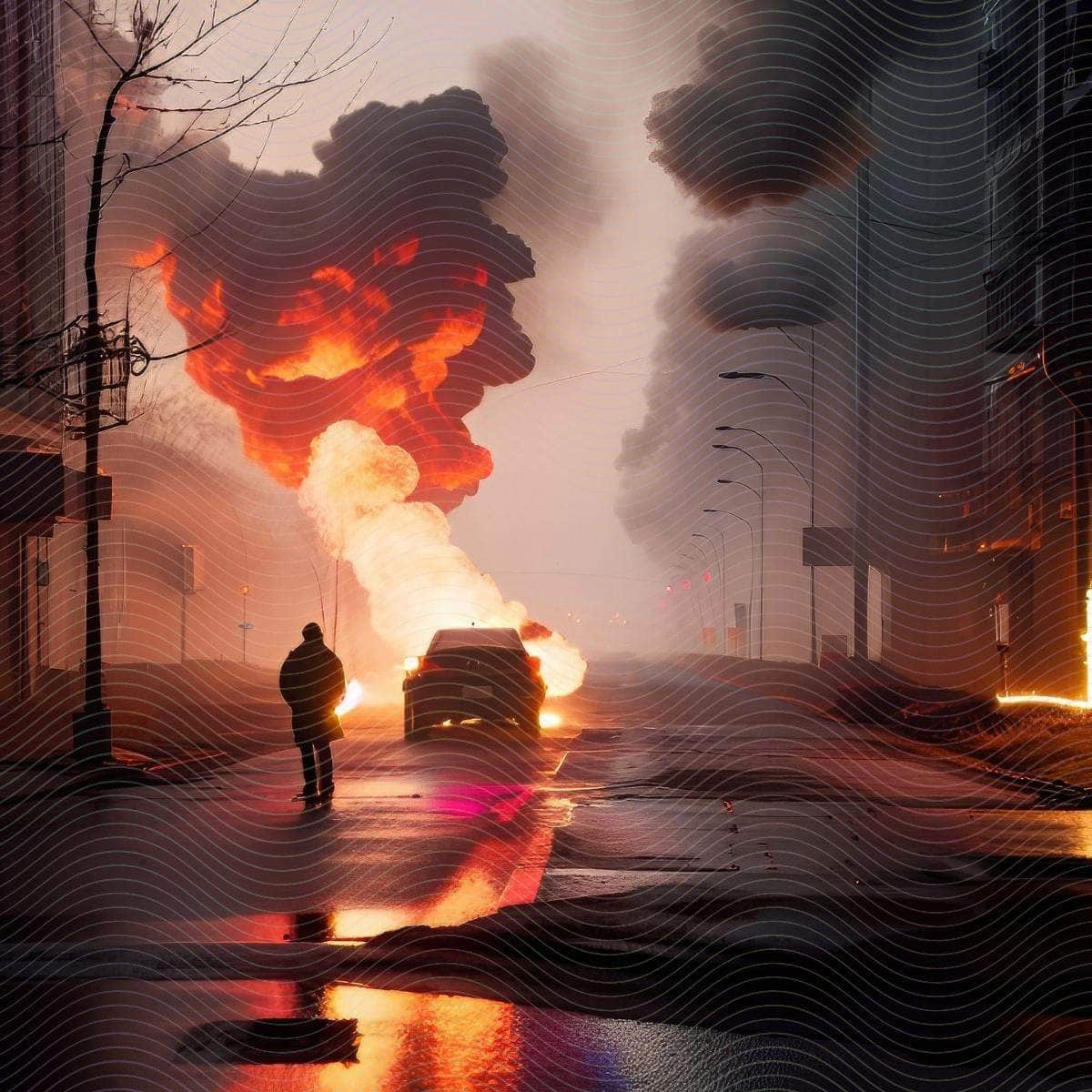 A Man on a Street and a Burning Car