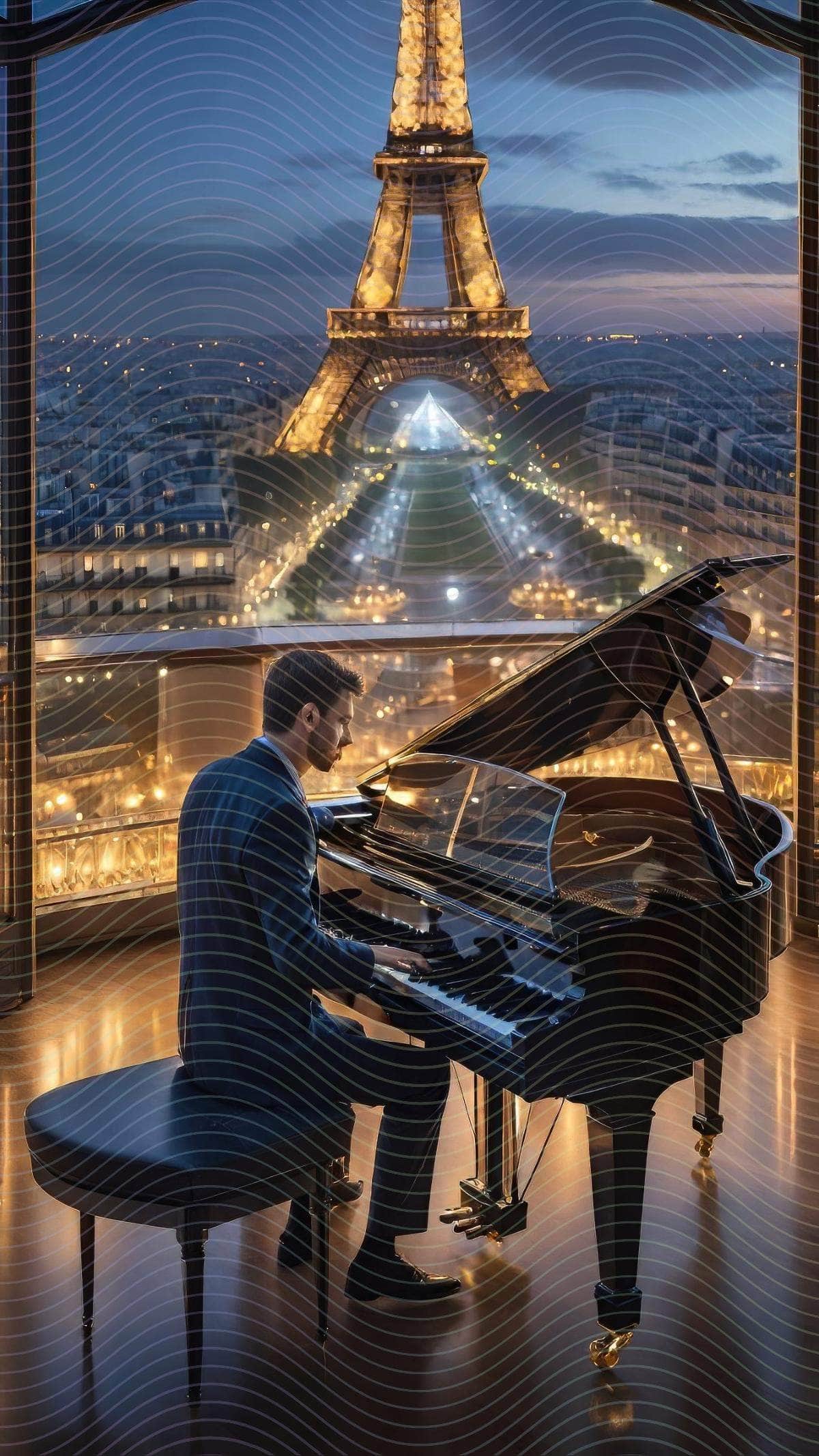 A Man Playing A Grand Piano In Front of Eiffel Tower