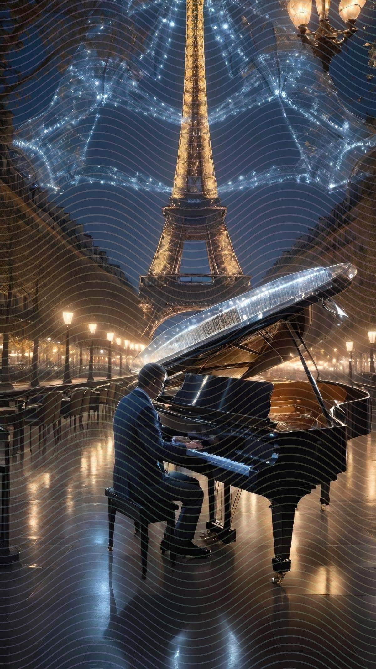 A Man Playing A Grand Piano In Front of Eiffel Tower