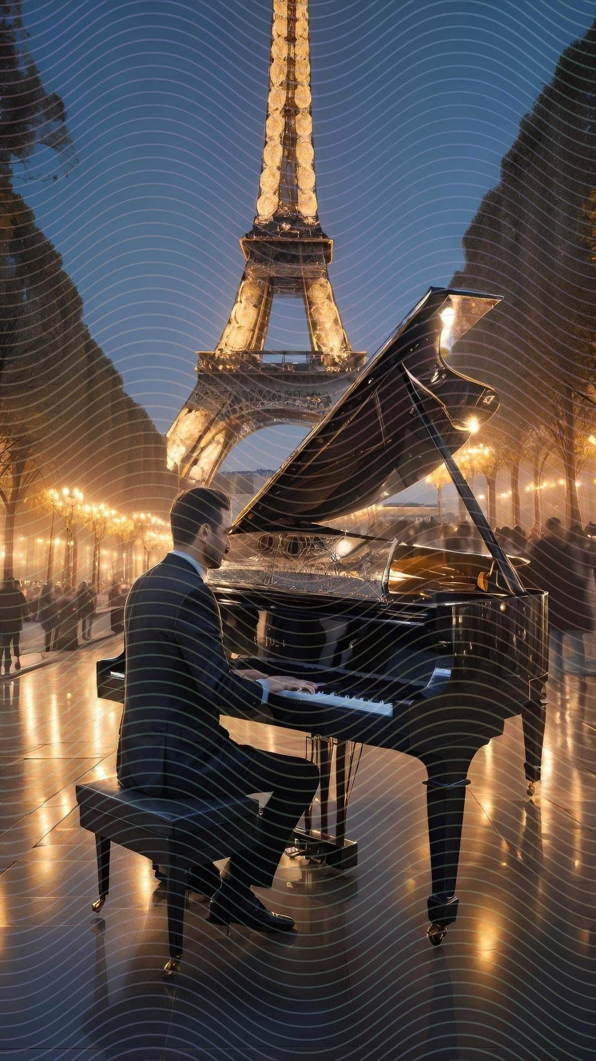 A Man Playing A Grand Piano In Front of Eiffel Tower