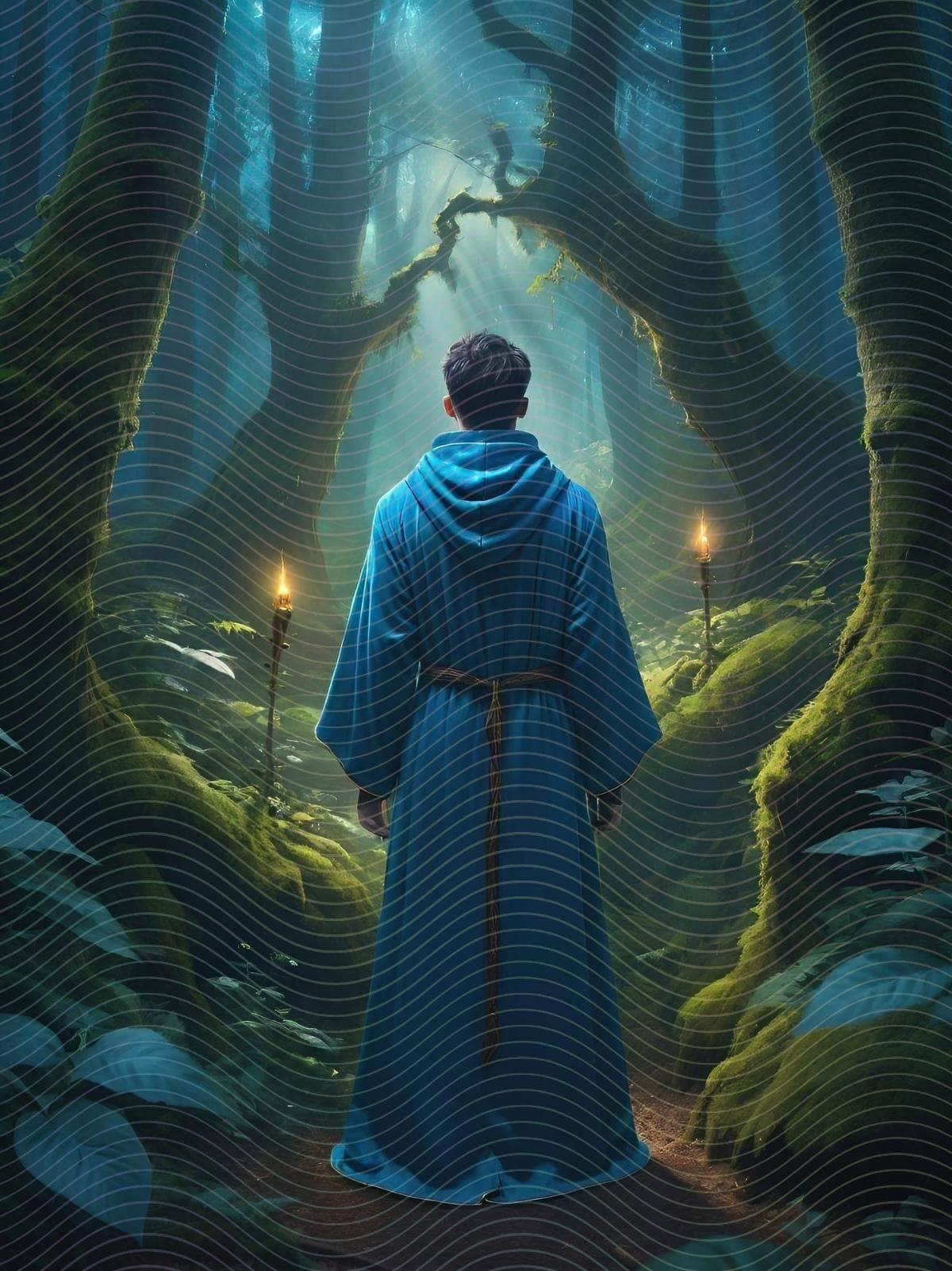 A Person in Blue Robe Standing in a Forest