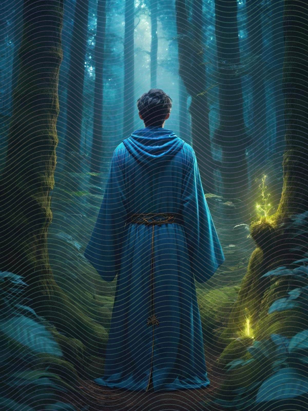 A Person in Blue Robe Standing in a Forest