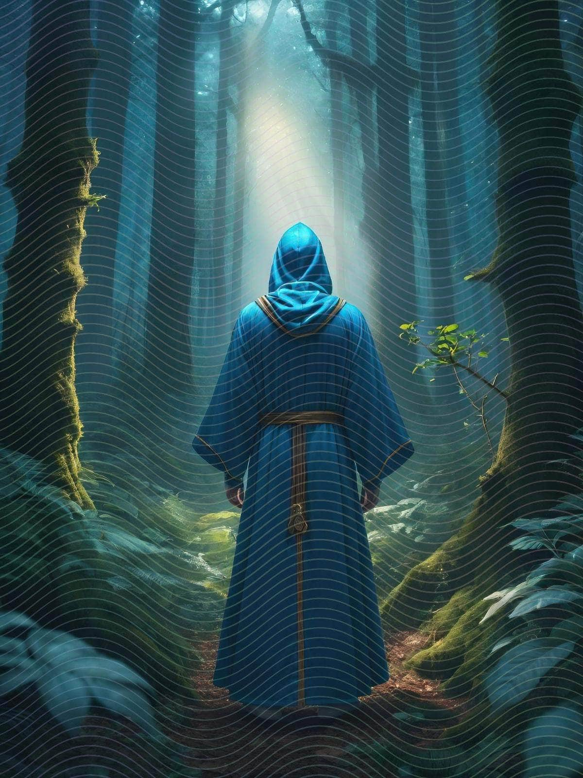 A Person in Blue Robe Standing in a Forest