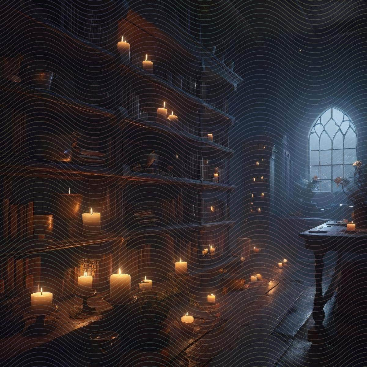 A Room filled with Flickering Candles on the Shelves