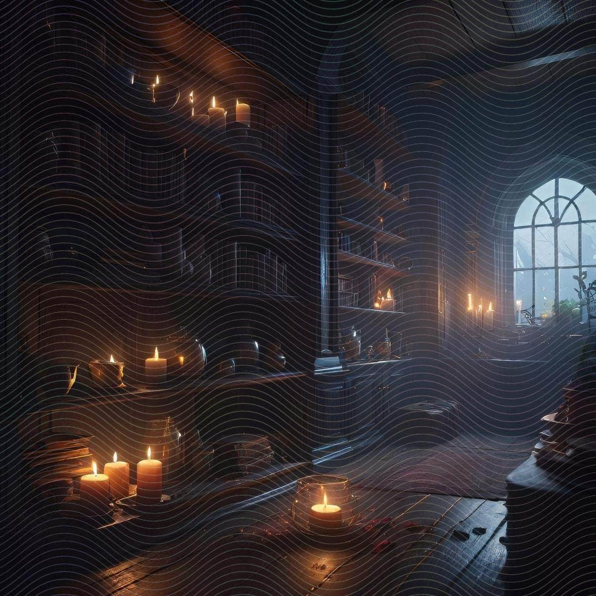 A Room filled with Flickering Candles on the Shelves