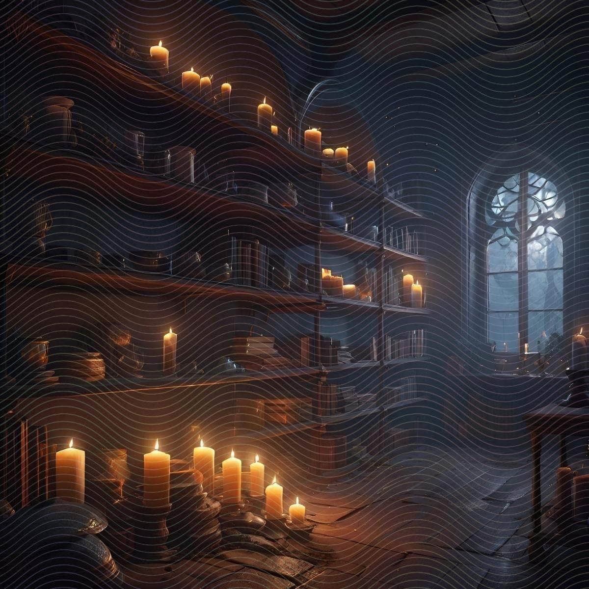 A Room filled with Flickering Candles on the Shelves