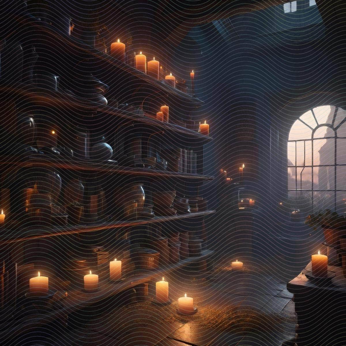 A Room filled with Flickering Candles on the Shelves