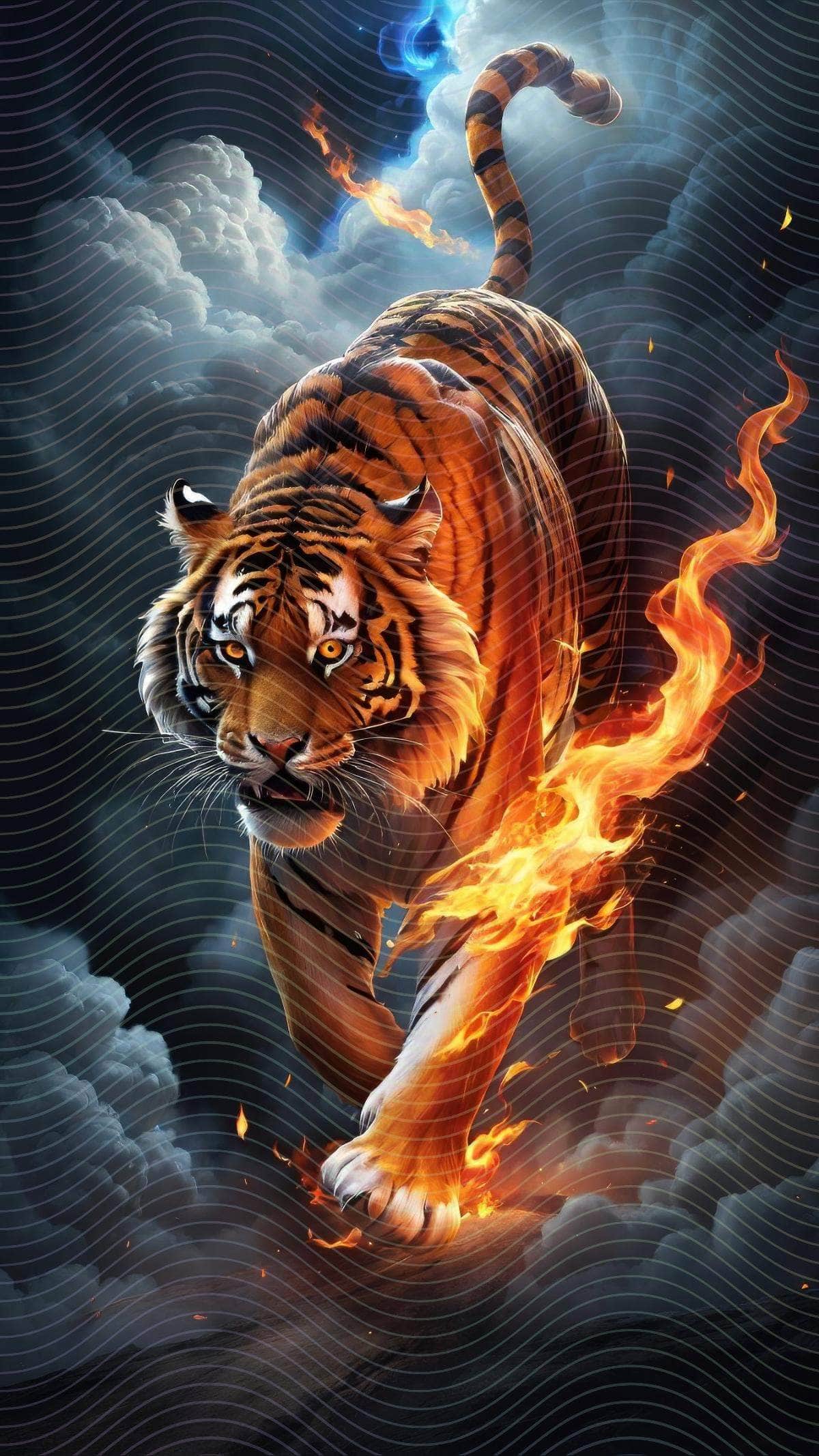 A Tiger Running Through A Cloud Of Fire
