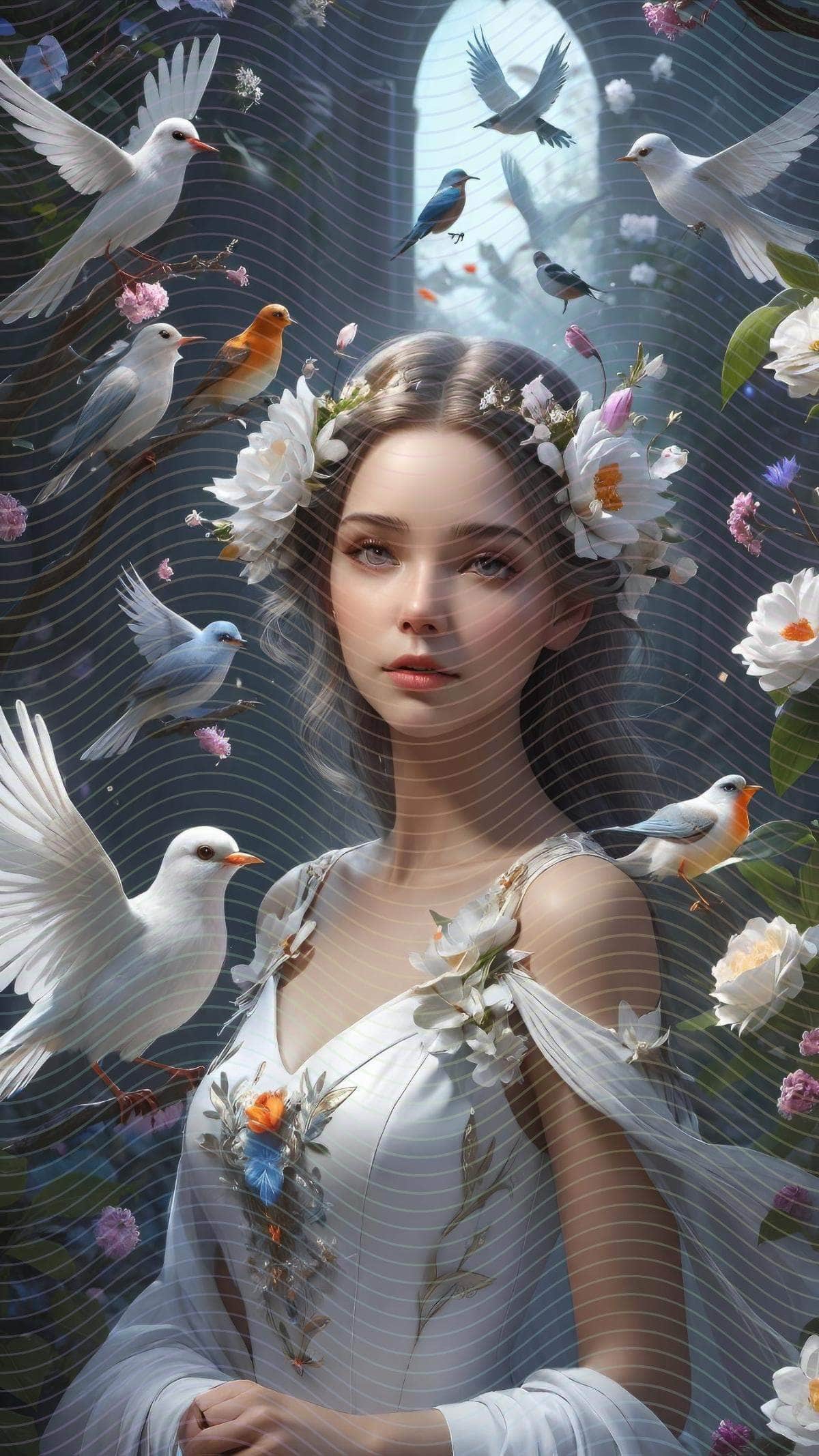A Woman in A White Dress Surrounded by Birds