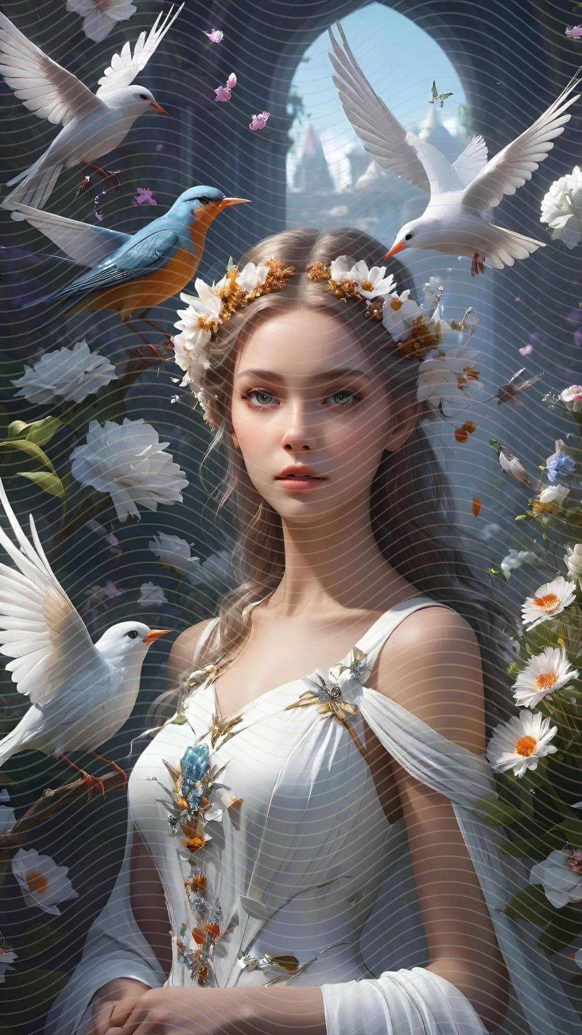 A Woman in A White Dress Surrounded by Birds