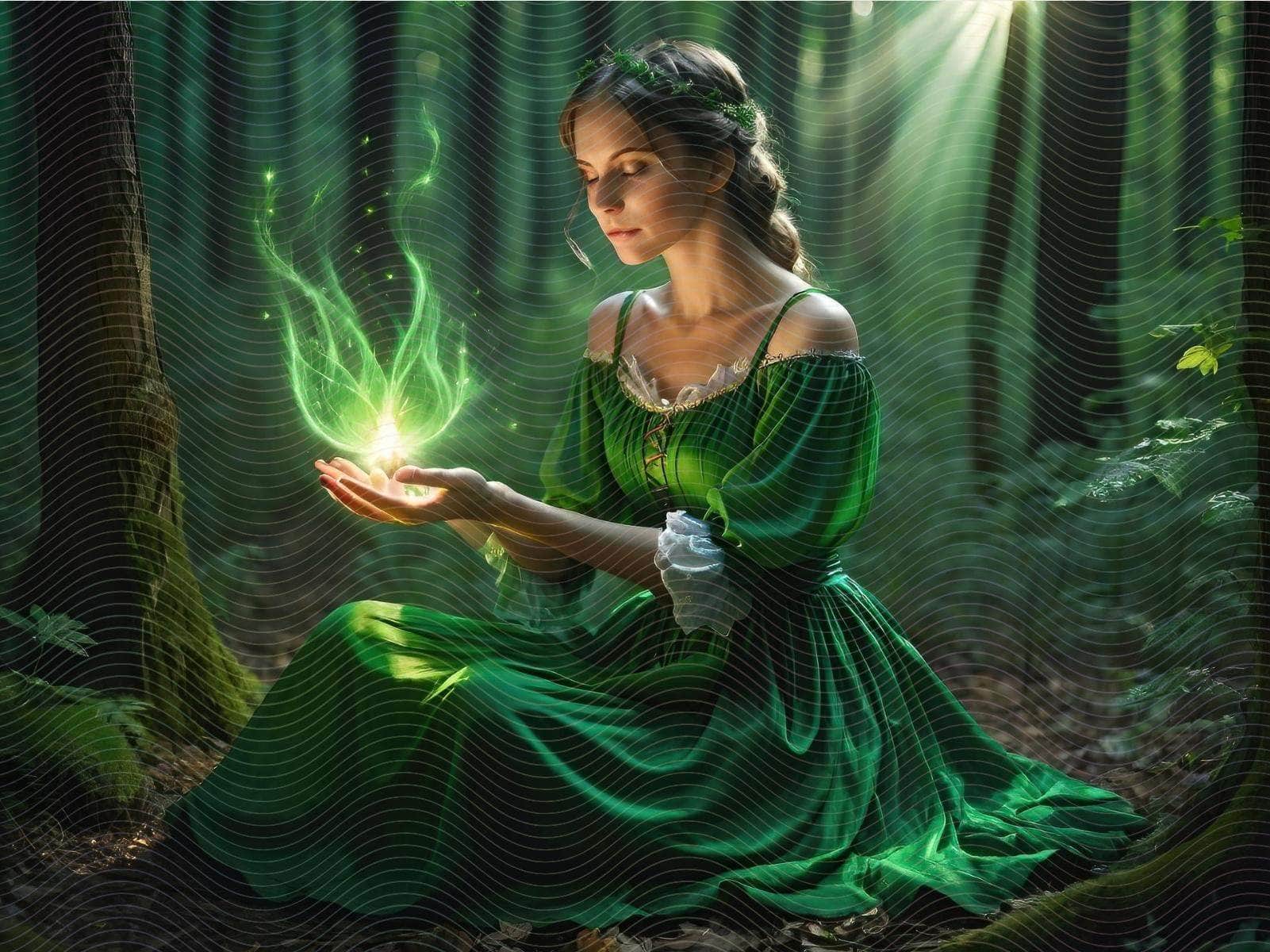 A Woman in Green Dress Sitting in the Woods Casting Magic