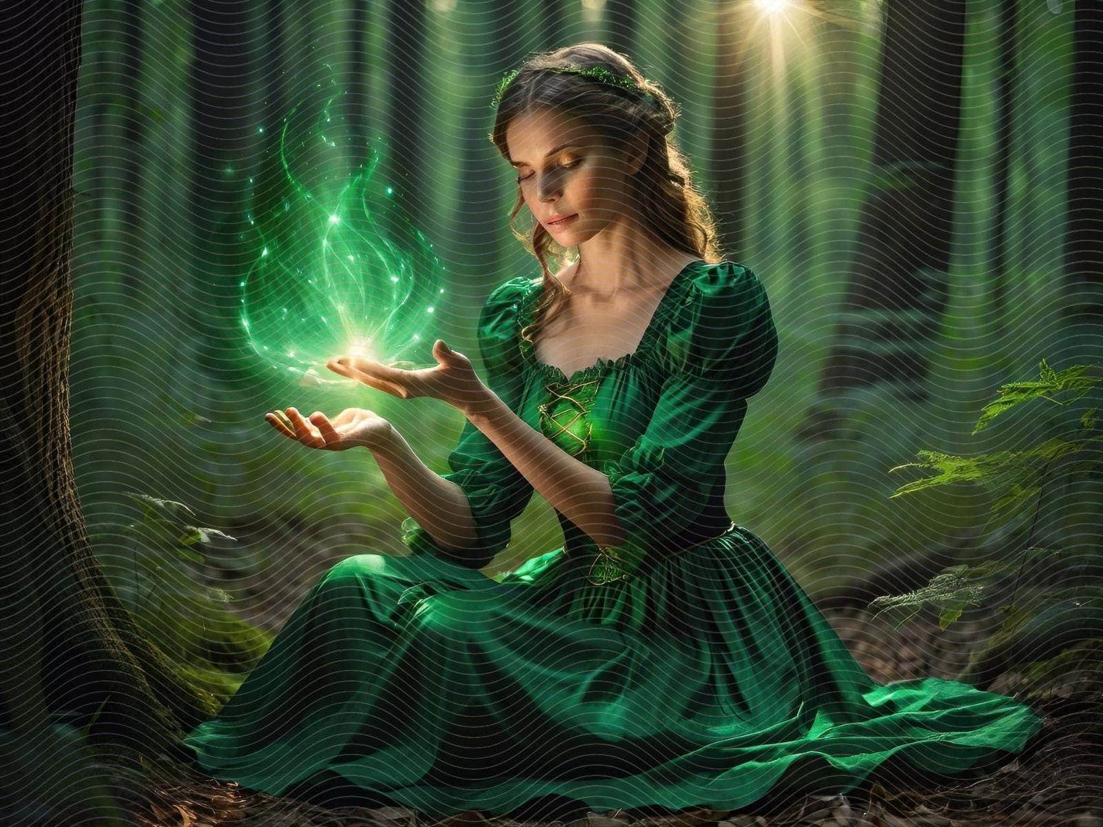 A Woman in Green Dress Sitting in the Woods Casting Magic