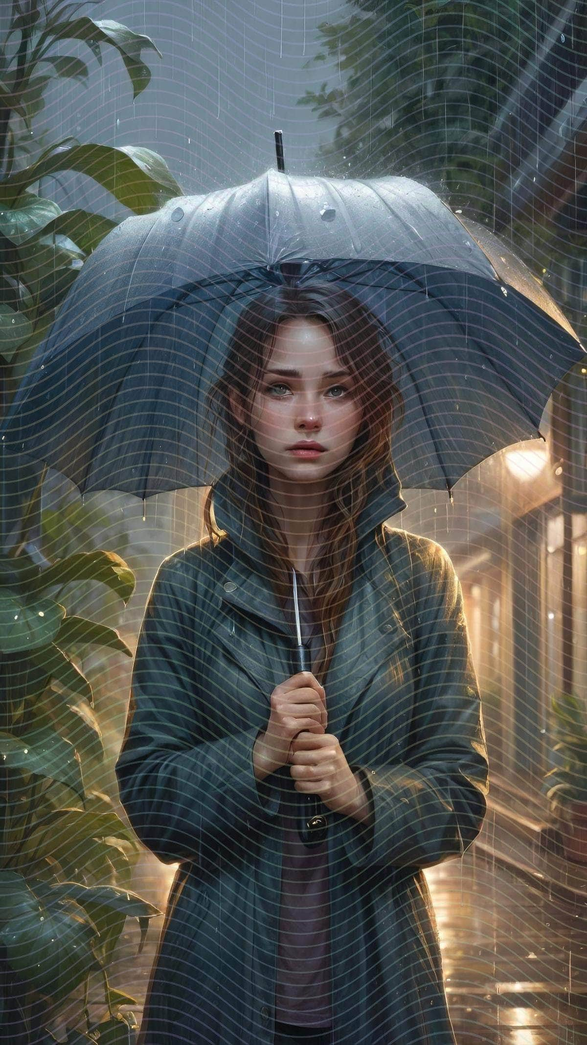 A Woman Standing in the Rain with An Umbrella