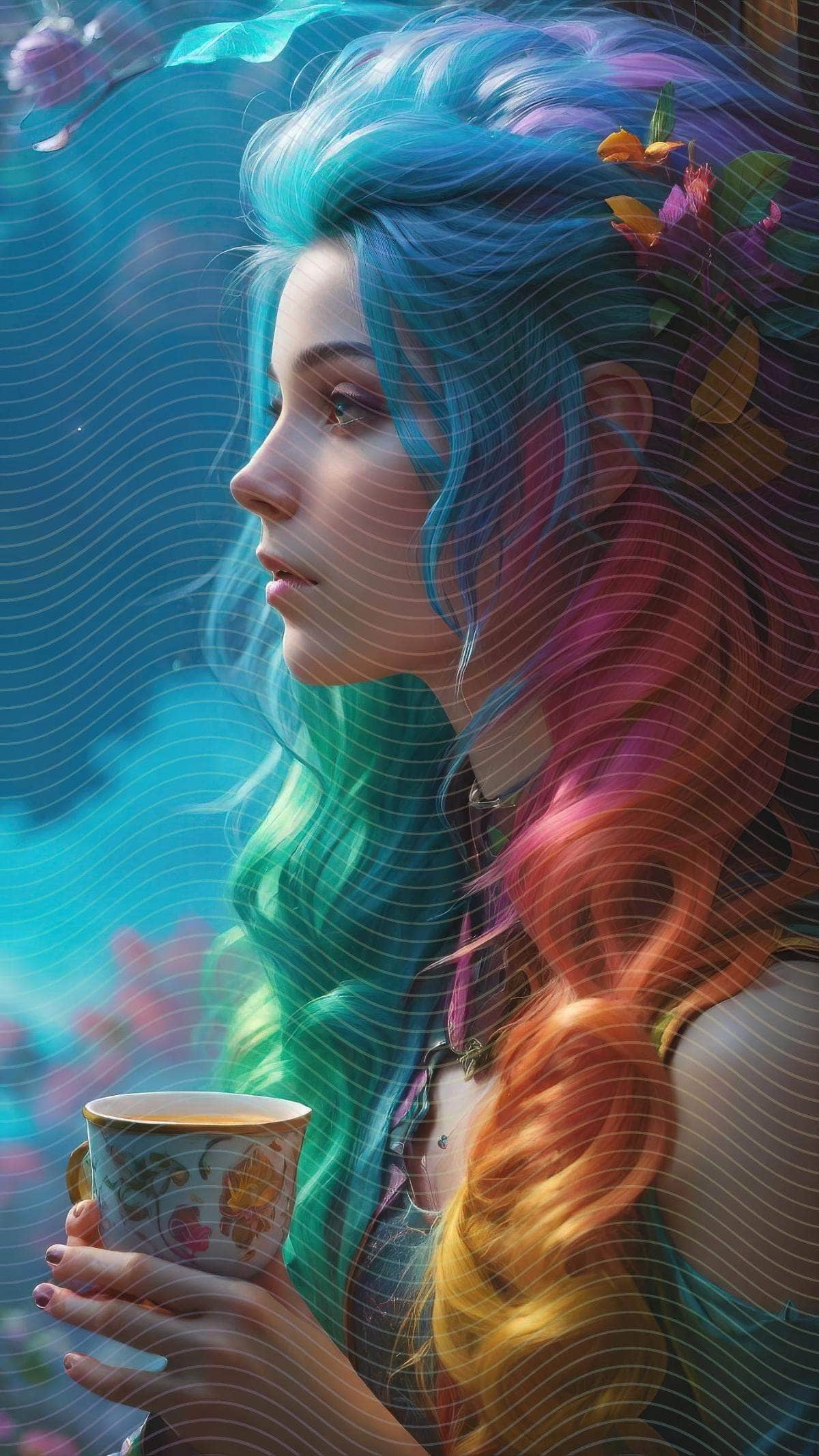 A Woman with Colorful Hair Holding a Cup