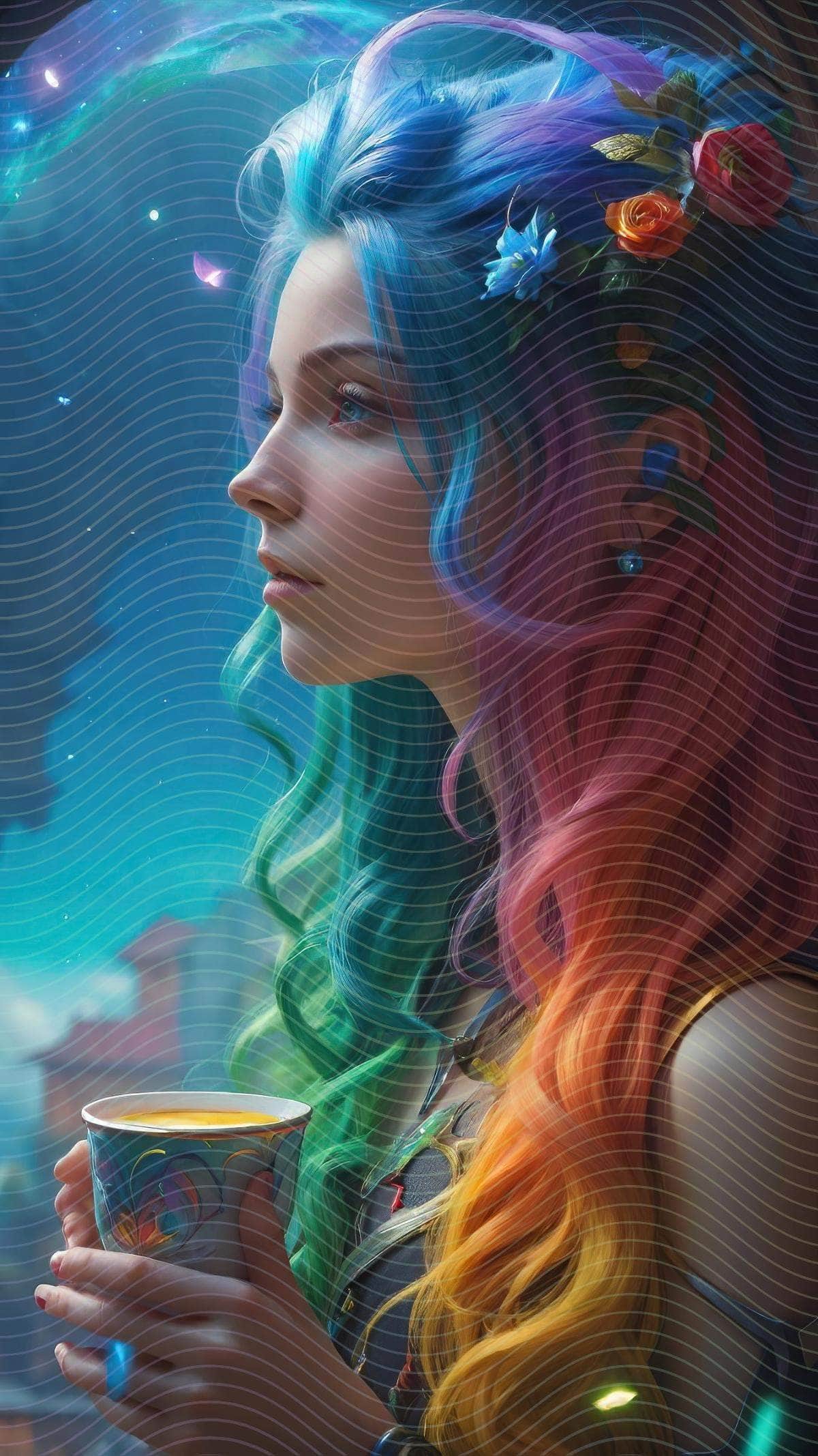 A Woman with Colorful Hair Holding a Cup