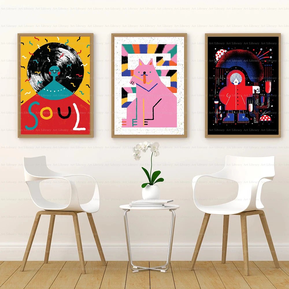 Abstract Cartoon Chill Cat and Dancing Girl Art Poster