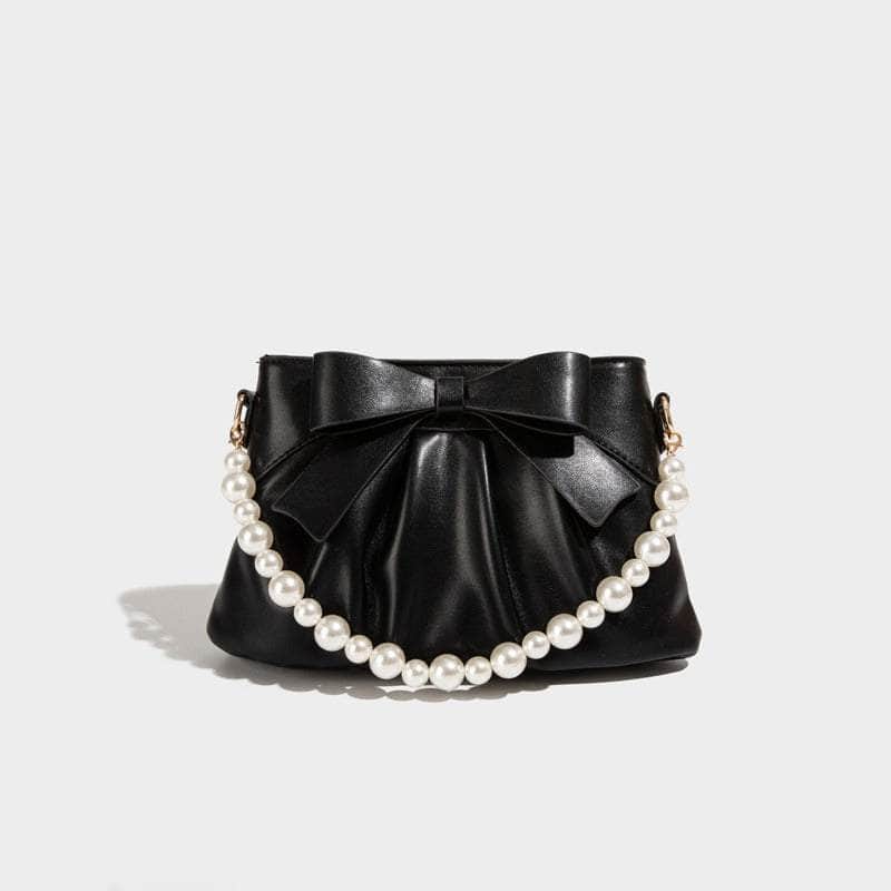 Adorable Bow Design Purse featuring Ruffled Pearl Strap Black