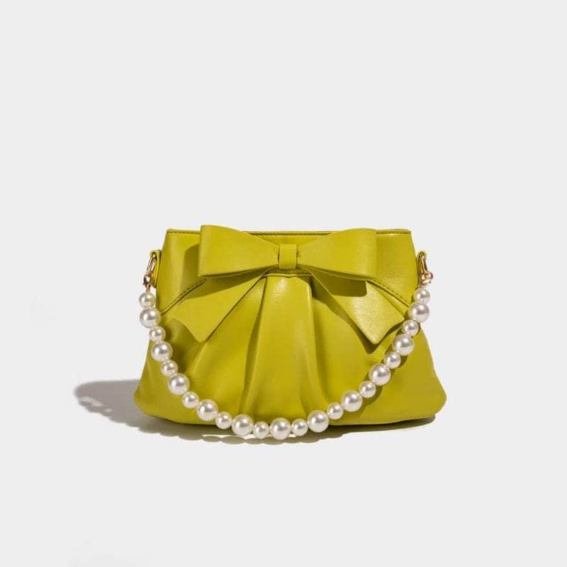 Adorable Bow Design Purse featuring Ruffled Pearl Strap Green