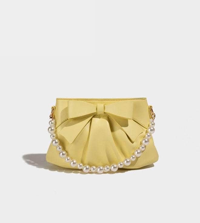 Adorable Bow Design Purse featuring Ruffled Pearl Strap Yellow