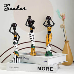 African Exotic Black Woman Statues Set - SAAKAR Handcrafted Painted Ornaments for Stylish Interior Decor in Living Room or Bedroom African