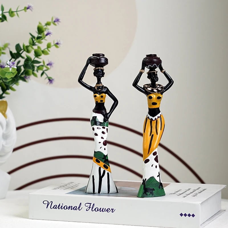 African Exotic Black Woman Statues Set - SAAKAR Handcrafted Painted Ornaments for Stylish Interior Decor in Living Room or Bedroom African