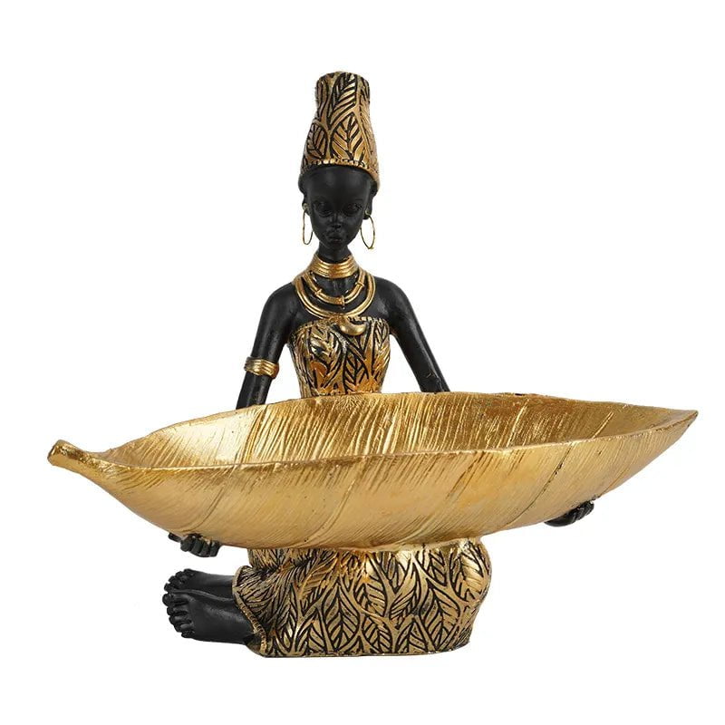 African Women Resin Statue - Home Decor, National Woman Decoration for Living Room, Tabletop Craft Tray Light Grey