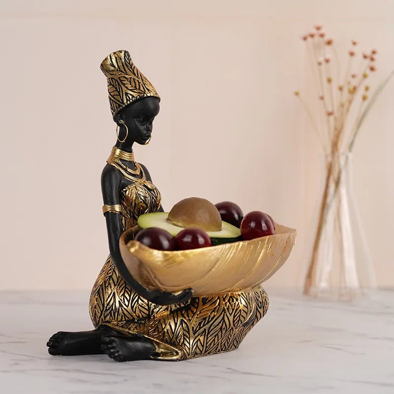 African Women Resin Statue - Home Decor, National Woman Decoration for Living Room, Tabletop Craft Tray Light Grey