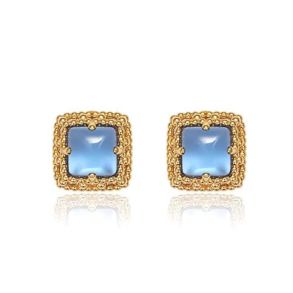 Agate Square Cut Gold Accented Stud Earrings Blue / Clip On