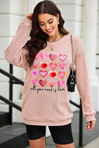 ALL YOU NEED IS LOVE Heart Round Neck Sweatshirt Dusty Pink / S