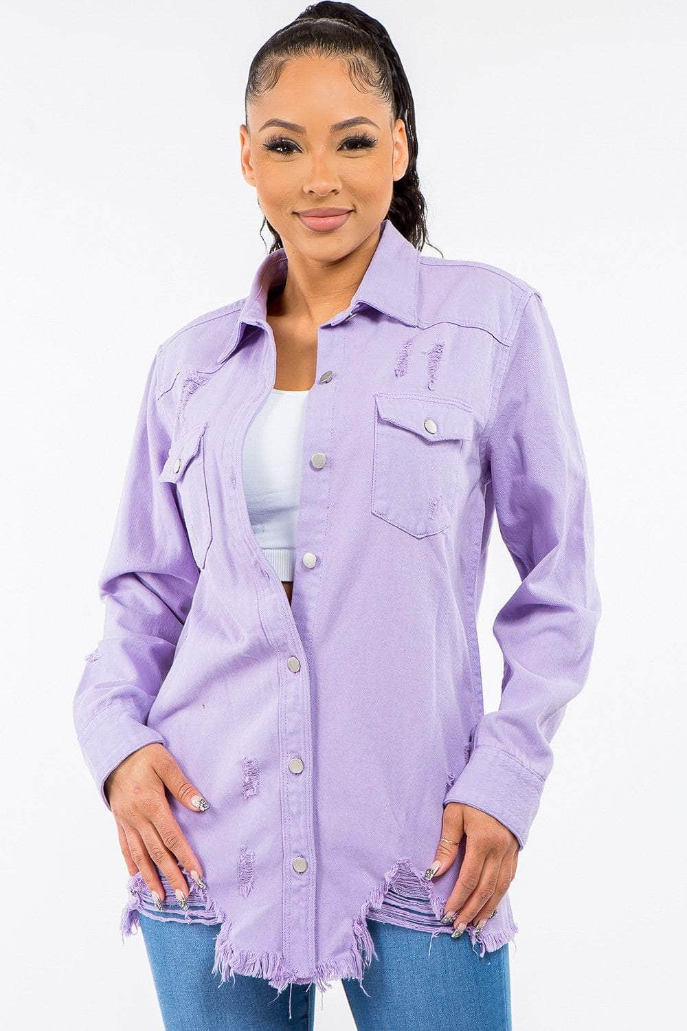 American Bazi Frayed Hem Distressed Denim Jacket Lavender / S