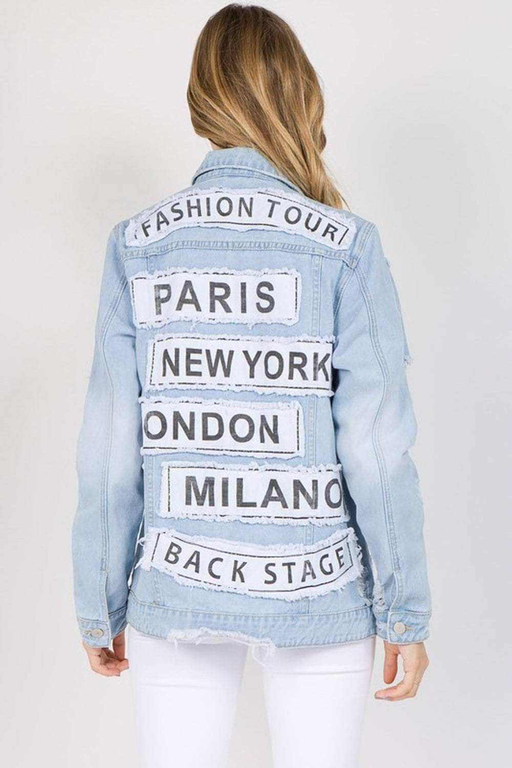 American Bazi Letter Patched Distressed Denim Jacket Light Blue / S