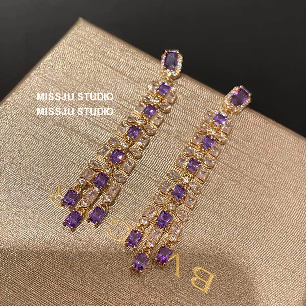 Amethyst Tassel Fringe Statement Earrings Purple