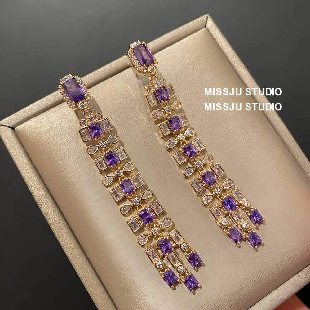 Amethyst Tassel Fringe Statement Earrings Purple