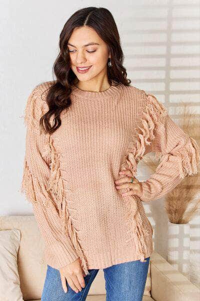 And The Why Tassel Detail Long Sleeve Sweater DUSTY PINK / S/M