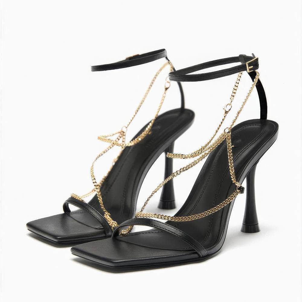 Ankle Strap Gold Chain Embellished Sandal Heels EU 34 / Black / 8.5CM