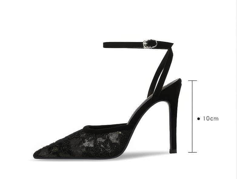 Ankle Strap Lace Floral Embroidered Pointy Toe Heels