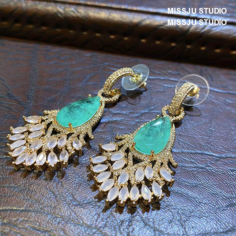 Aquamarine Opal Crystal Rhinestone Embellished Gold Earrings Teal