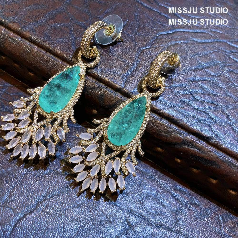 Aquamarine Opal Crystal Rhinestone Embellished Gold Earrings Teal