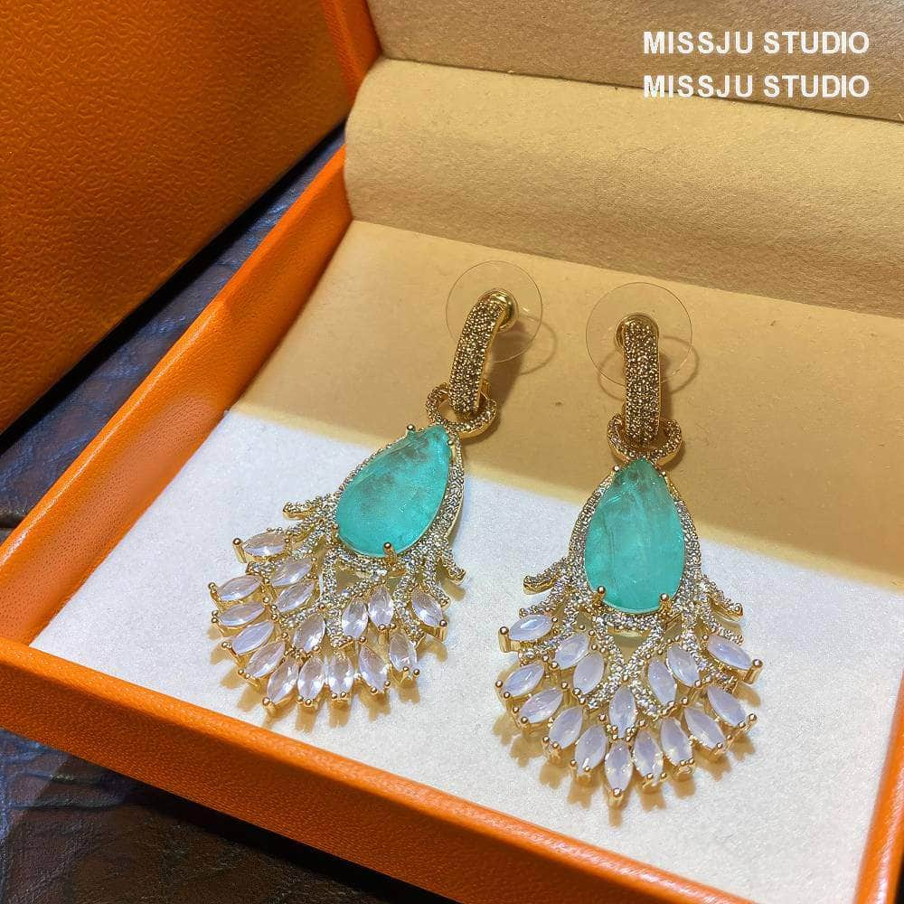 Aquamarine Opal Crystal Rhinestone Embellished Gold Earrings Teal