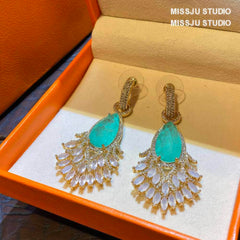 Aquamarine Opal Crystal Rhinestone Embellished Gold Earrings Teal