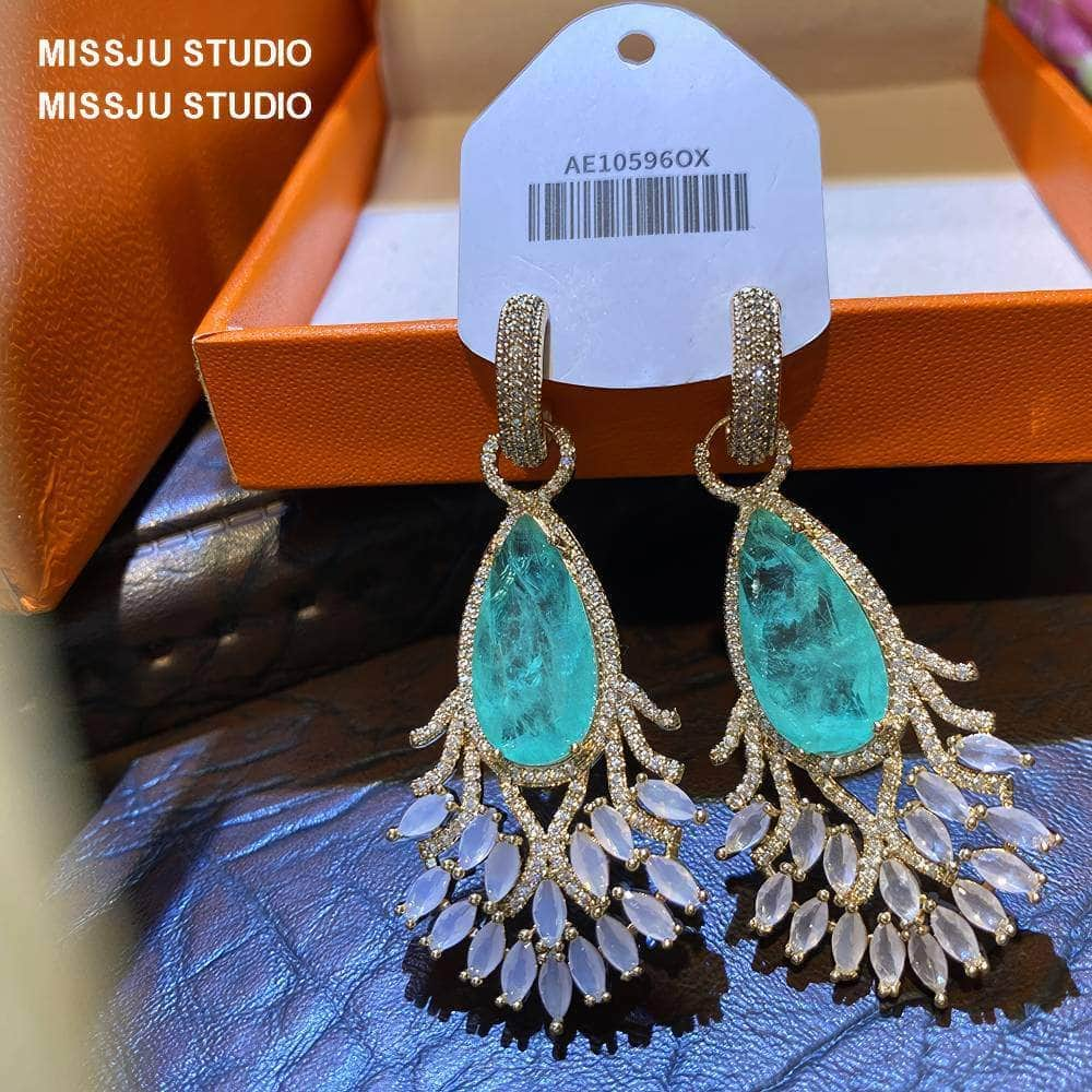 Aquamarine Opal Crystal Rhinestone Embellished Gold Earrings Teal