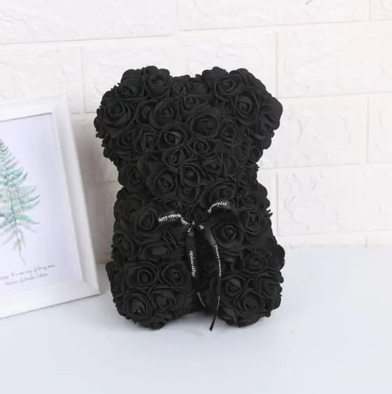 Artificial Flowers 25cm Rose Bear - Girlfriend Anniversary, Christmas, Valentine's Day Gift, Birthday Present for Wedding Party Black / Without Crown