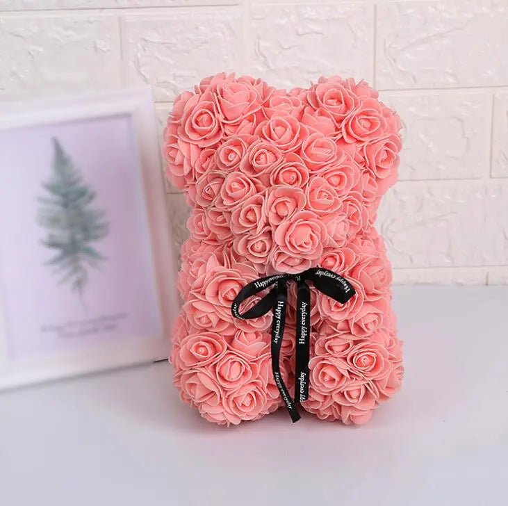 Artificial Flowers 25cm Rose Bear - Girlfriend Anniversary, Christmas, Valentine's Day Gift, Birthday Present for Wedding Party Flesh Pink / Without Crown