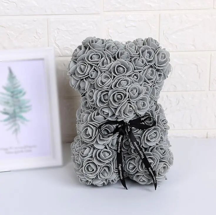 Artificial Flowers 25cm Rose Bear - Girlfriend Anniversary, Christmas, Valentine's Day Gift, Birthday Present for Wedding Party Grey / Without Crown