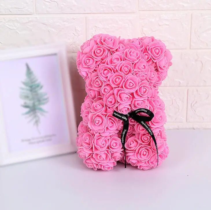 Artificial Flowers 25cm Rose Bear - Girlfriend Anniversary, Christmas, Valentine's Day Gift, Birthday Present for Wedding Party Pink / Without Crown