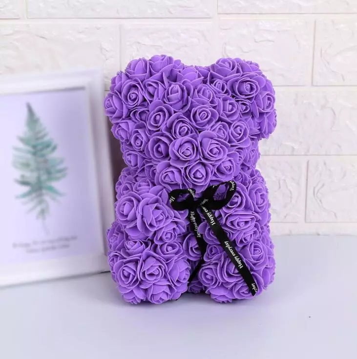 Artificial Flowers 25cm Rose Bear - Girlfriend Anniversary, Christmas, Valentine's Day Gift, Birthday Present for Wedding Party Purple / Without Crown