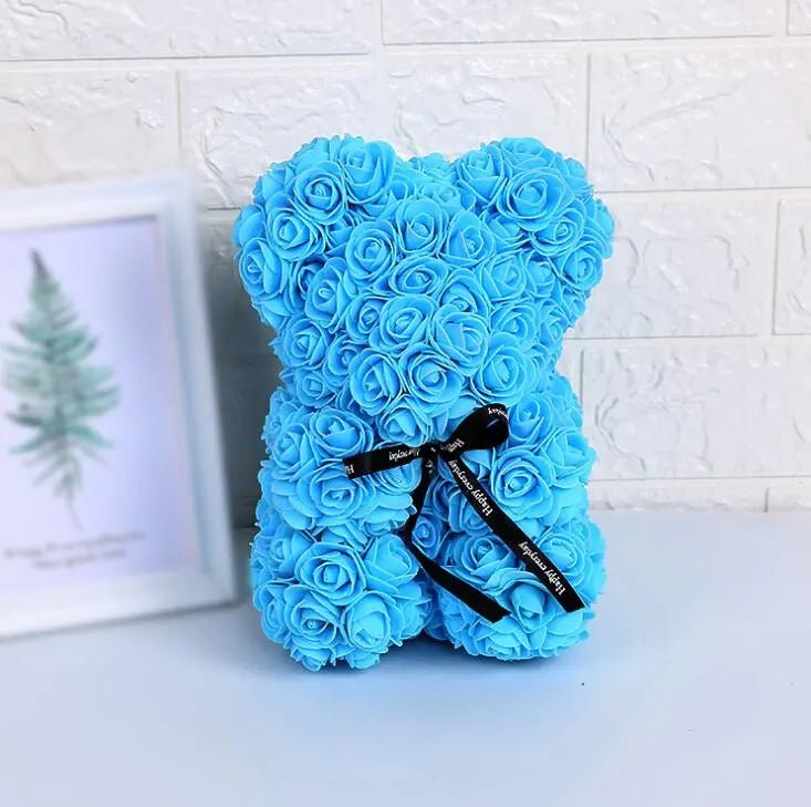 Artificial Flowers 25cm Rose Bear - Girlfriend Anniversary, Christmas, Valentine's Day Gift, Birthday Present for Wedding Party Sky Blue / Without Crown