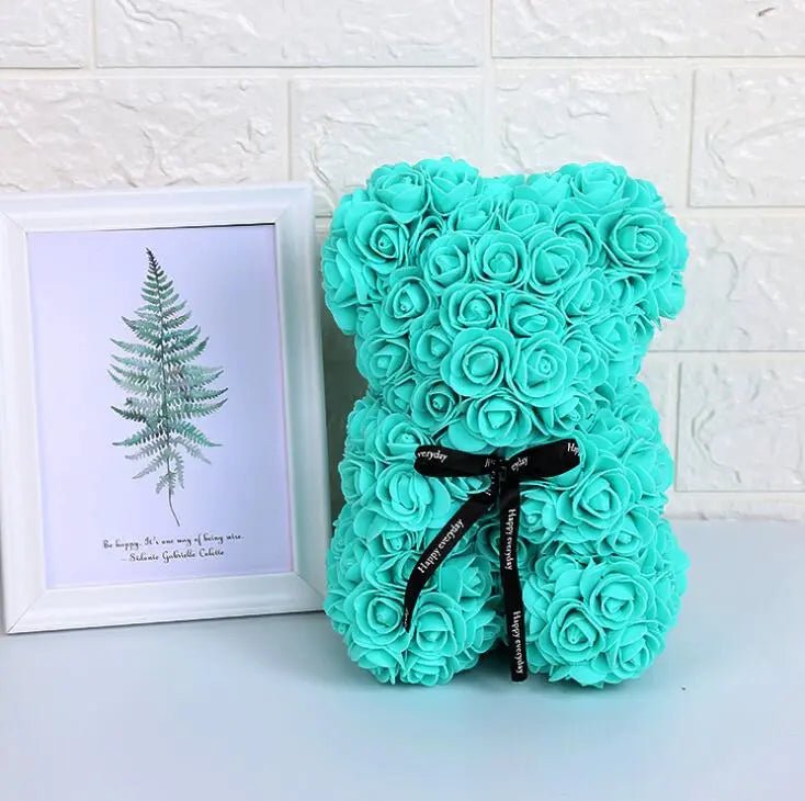 Artificial Flowers 25cm Rose Bear - Girlfriend Anniversary, Christmas, Valentine's Day Gift, Birthday Present for Wedding Party Tiffany Blue / Without Crown