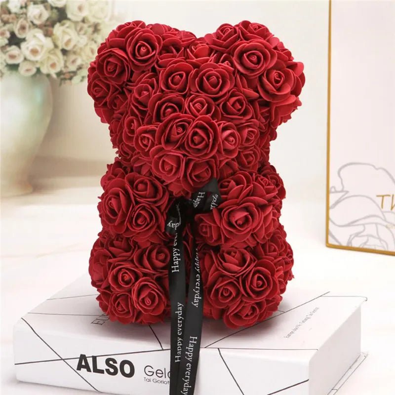 Artificial Flowers 25cm Rose Bear - Girlfriend Anniversary, Christmas, Valentine's Day Gift, Birthday Present for Wedding Party Wine Red / Without Crown
